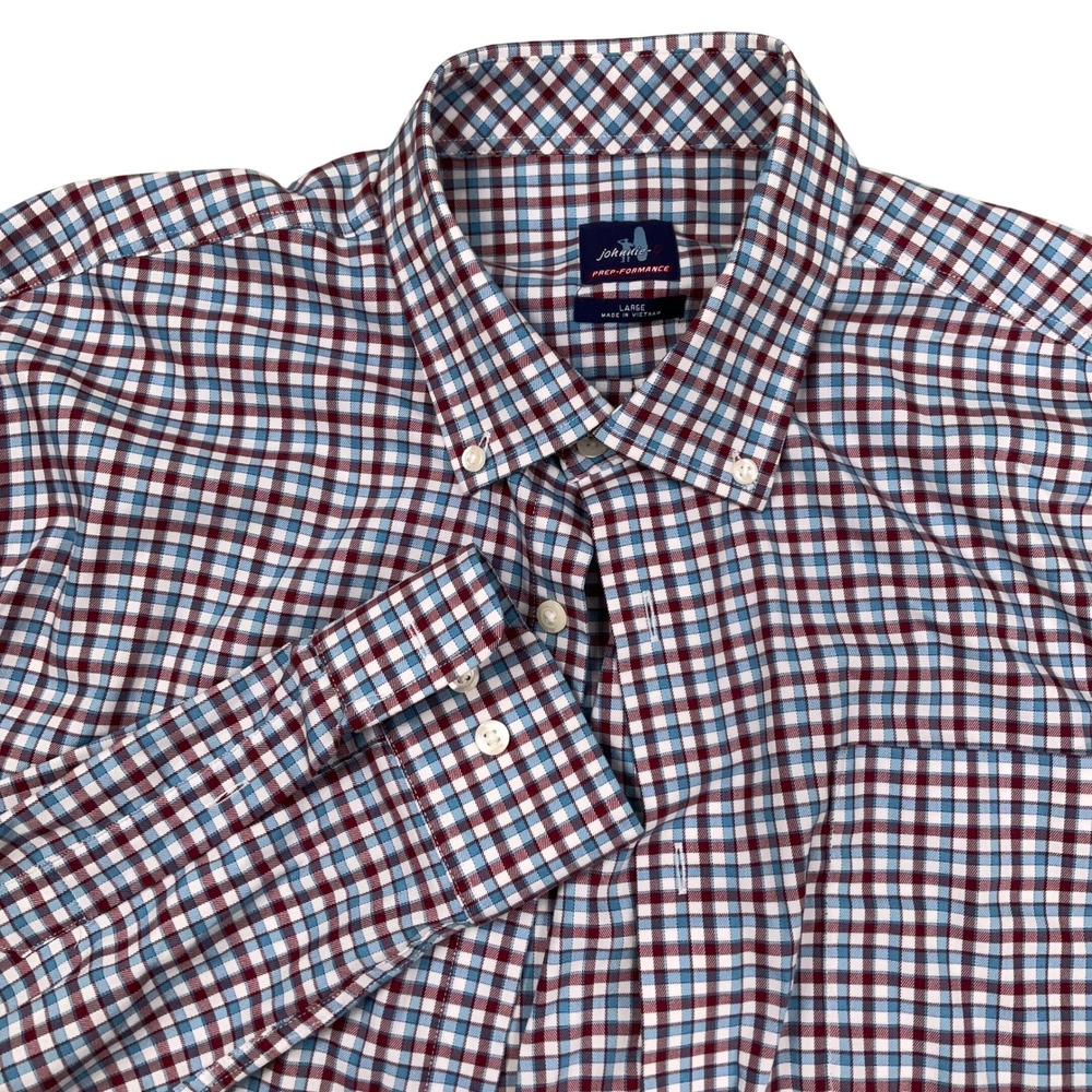 johnnie-O PREP-FORMANCE Shirt Mens Large Red Blue Gingham Check Preppy Bamboo